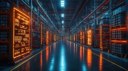 Futuristic Warehouse: Glowing Aisles & Automated Systems