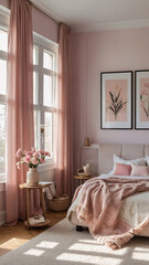 Elegant pastel pink bedroom with bed blanket pillow large windows plush rug and luxurious high end modern interior design