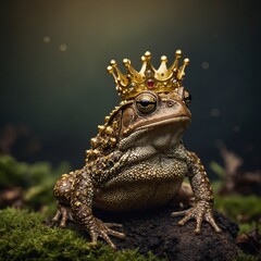 A regal toad wearing a tiny golden crown.