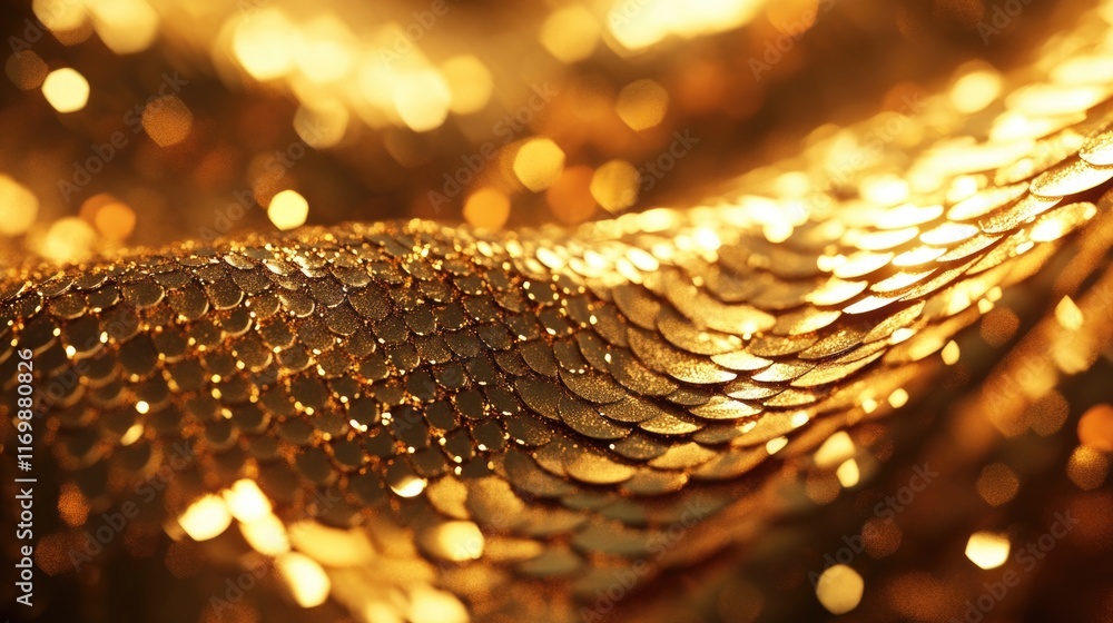 Poster a detailed view of a gold sequined fabric with a glittery finish. the texture and reflections on the