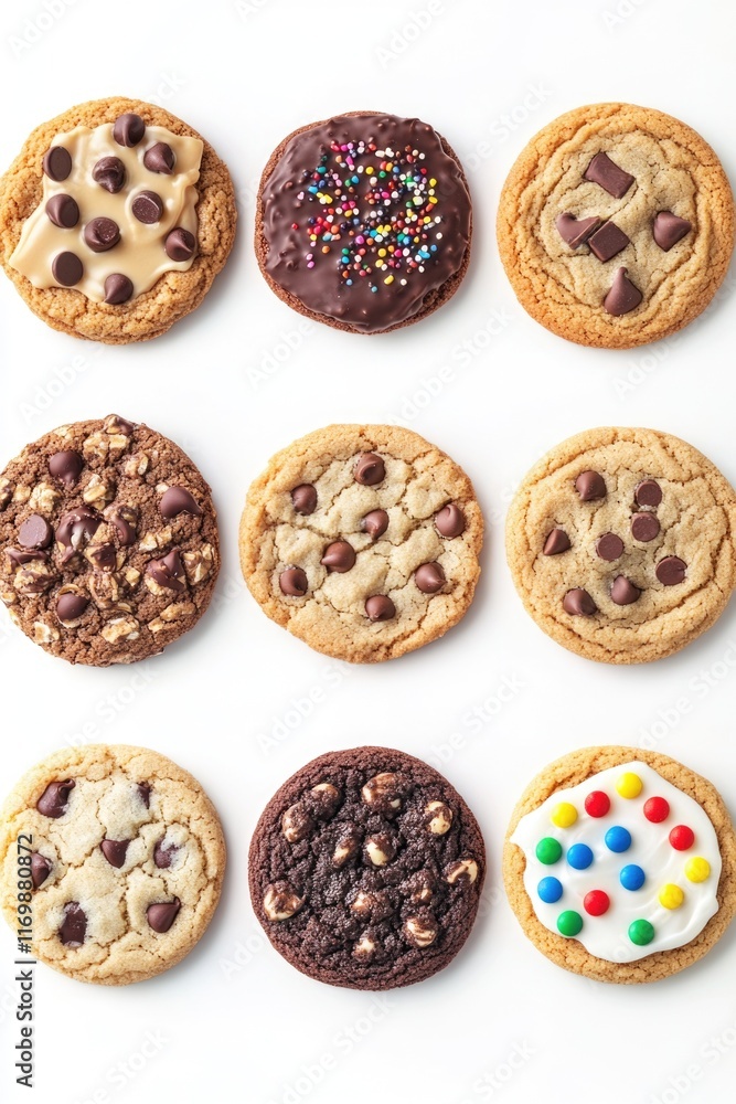 Poster row of cookies with different toppings, including chocolate chips, nuts, and candy. the cookies are 