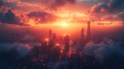Fiery Sunset Embraces Cityscape; Glowing Towers