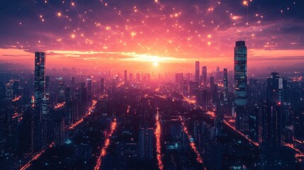 Fototapeta premium Urban Dawn: A Gigapixel Cityscape at Sunrise, Networked.