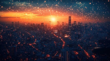 Fototapeta premium Sunset cityscape with a network of glowing connections.