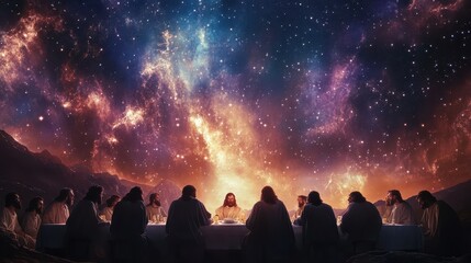 A cosmic-themed Last Supper scene, with the disciples illuminated by celestial light and a starry sky enveloping the entire moment