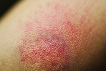 Fototapeta premium Close-up of skin rash on arm, showing acne, redness and inflammation.