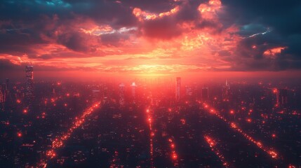 Fototapeta premium Fiery Sunset over a Crimson City: A Digital Masterpiece