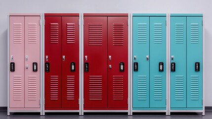 Colorful Row of School Lockers in Pink, Red, and Blue Against Wall