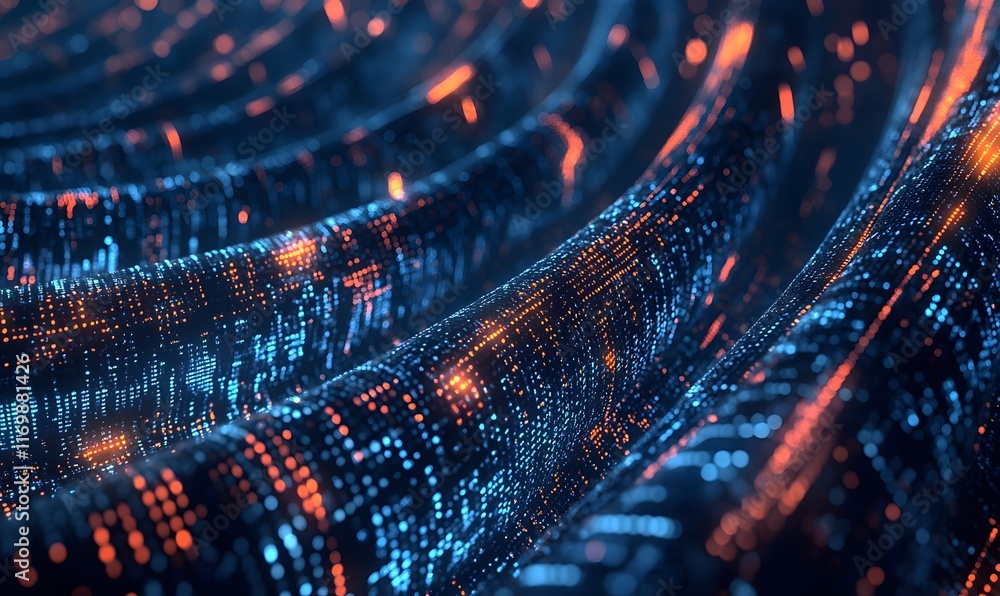 Poster abstract digital data flow, glowing curves, binary code.