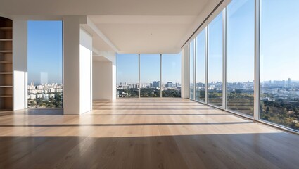 Experience the Tranquility of Modern Living: A Breath-taking View from a Spacious High-rise Apartment Showcasing the Urban Landscape Under a Clear Blue Sky and Warm Sunlight.