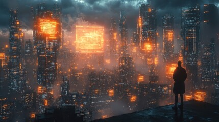 Fototapeta premium A lone figure observes a futuristic city glowing with warm orange lights at night, a cyberpunk dreamscape.
