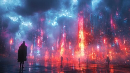 Silhouettes in a Neon-Drenched Cyberpunk City