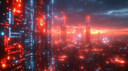 Obraz premium Neon Sunset: A futuristic city bathed in vibrant, crimson hues at dusk.