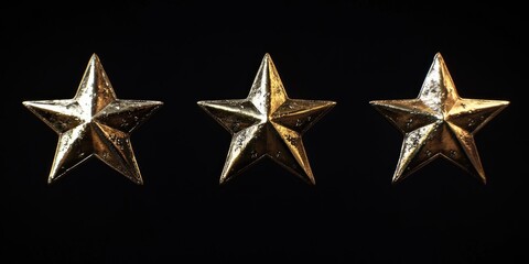 Obraz premium Three gold stars are shown on a black background. The stars are shiny and appear to be made of gold. The image has a luxurious and elegant feel to it