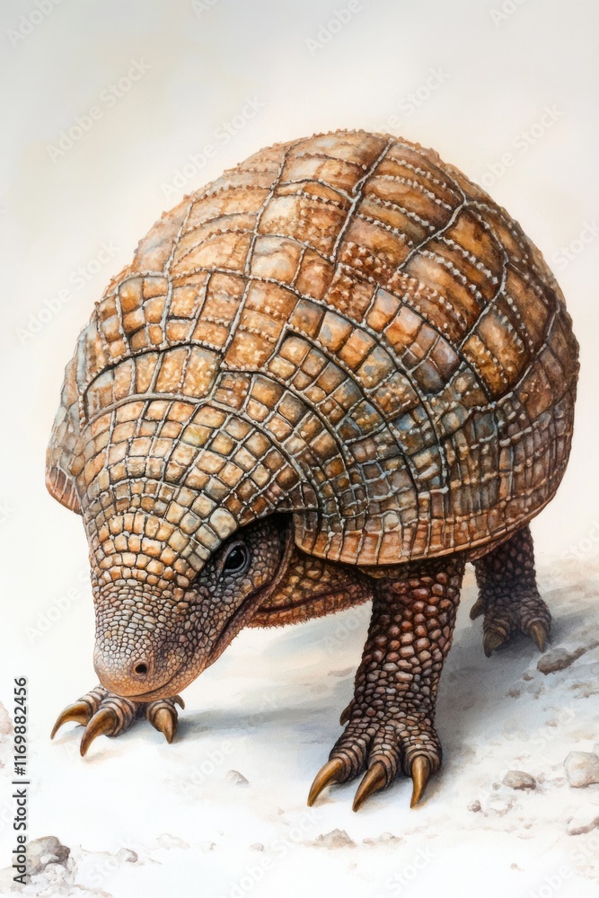 Poster a large tortoise with a horned shell.