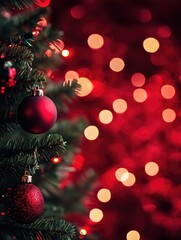 Red christmas tree with shiny ornaments and white lights creating a cozy, festive atmosphere.