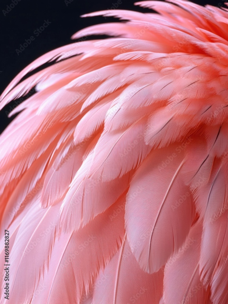 Poster close up of a pink feather, with its intricate details and patterns on display. the feather appears 