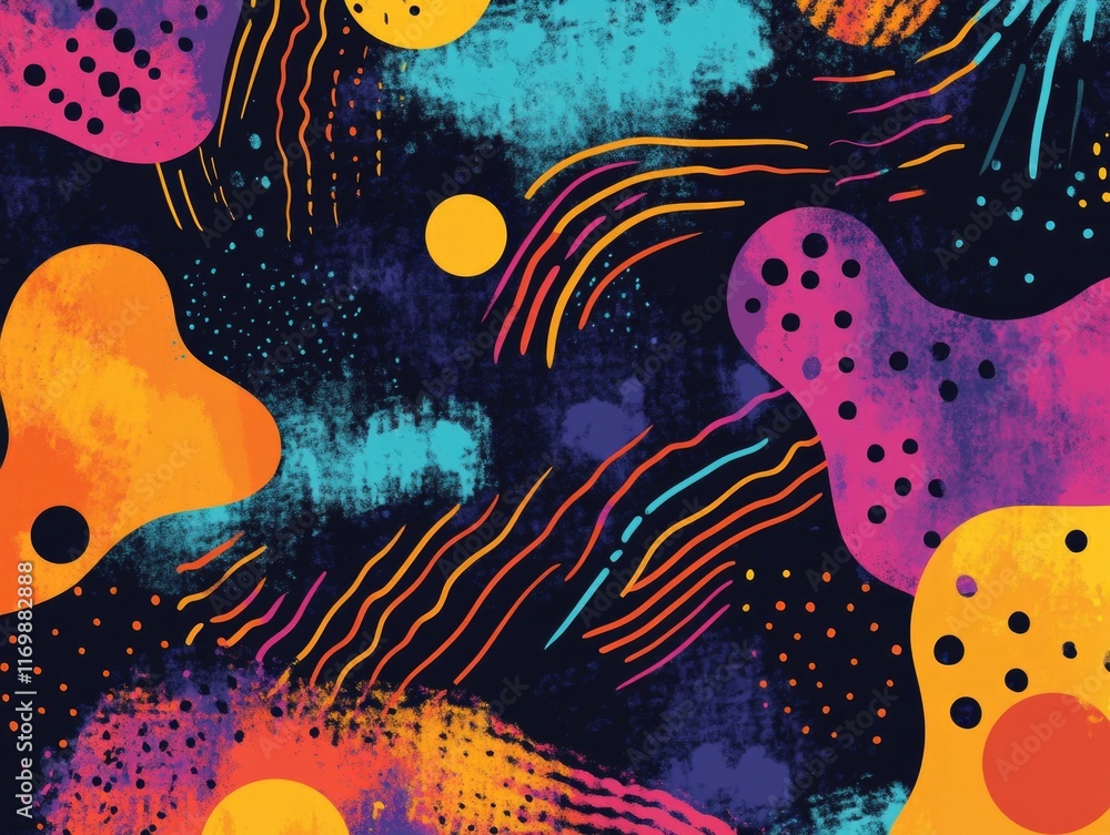 Poster a vivid and lively abstract pattern with swirling shapes in a rainbow of colors.