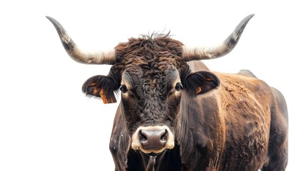 Naklejka premium A strong, dark brown bull with long horns looking at the camera on a clear background, created for an animals fighter concept