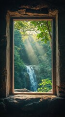 Captivating view of a serene waterfall nestled within a verdant sun dappled forest landscape offering a glimpse of nature s untamed beauty and tranquility
