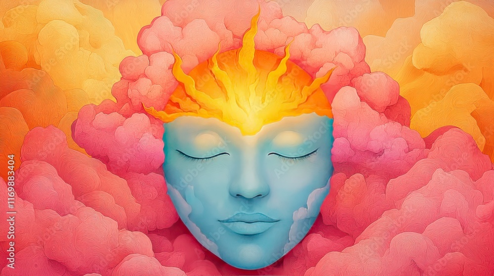 Poster serene face with colorful flames and soft clouds in a dreamy abstract setting