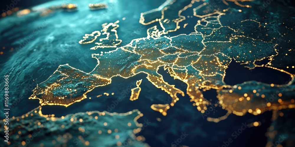 Poster globe with a map of europe on it. the map is lit up with a warm glow