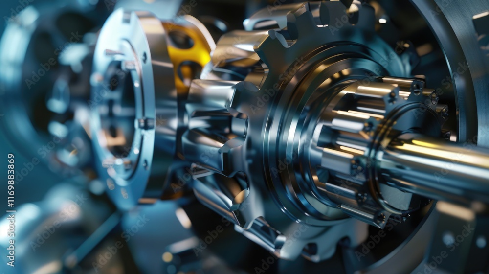 Poster close-up of a complex gearbox and engine assembly with precise mechanical parts, indicative of advan