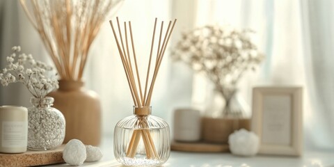 Vase with a few sticks in it sits on a table next to other vases and a picture frame. The sticks are in a holder and are arranged in a way that they look like they are burning