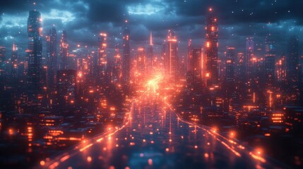 Obraz premium Futuristic City at Night: Glowing Towers and Reflecting Streets