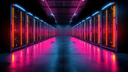 Fototapeta premium Vibrant Neon Lights Illuminate a Modern Server Room