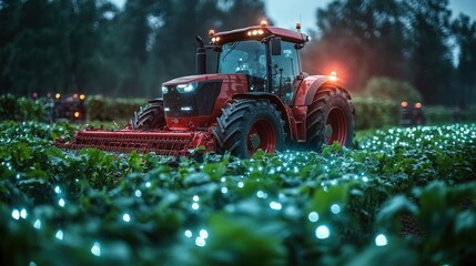 Red tractor harvests at night, illuminated by soft blue lights in the field.