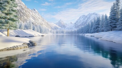Beautiful majestic landscape with snow covered forest and lake