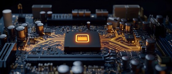 Futuristic Motherboard  Microchip  Low Battery  Neon Data Flow  Energy Technology Concept
