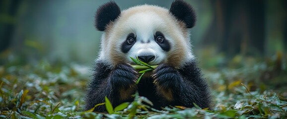 Obraz premium Adorable Giant Panda Cub Enjoying Bamboo in Lush Forest Habitat