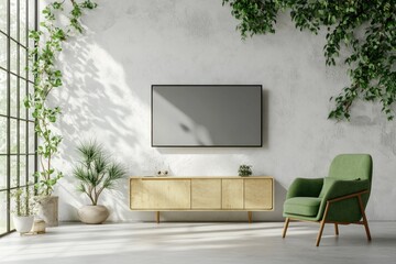 A sunlit modern living space with a minimalist design, featuring a gold-toned cabinet and a green armchair in the center.