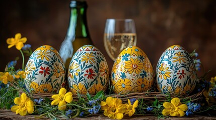 Festive Easter eggs with floral designs, wine bottle, and glass of champagne, surrounded by yellow flowers.