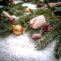 Christmas Decor  Festive Fir Branches  Ornaments  Knit Booties  Snow