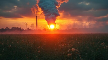 Fototapeta premium Crimson Sunset, Smog-Shrouded Sun; Industrial Landscape