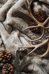 Fur-covered surface with embossed winter forest texture featuring furs, pinecones, and a frost motif.