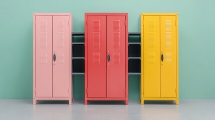 Colorful Lockers in Vibrant Tones Against a Light Green Background