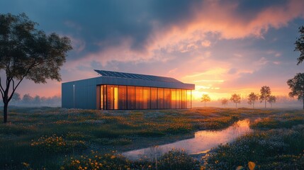 Fototapeta premium Eco-friendly data center at sunset, bathed in golden light.