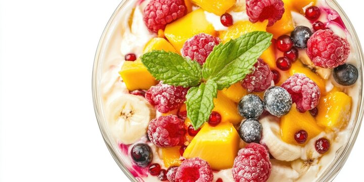 Colorful and refreshing yogurt parfait with mixed fruits, honey, and mint leaves.
