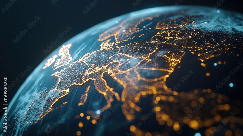 Poster illustration of global connectedness through digital networks and data transfer.
