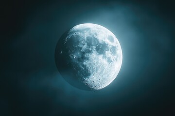Fototapeta premium An atmospheric view of the moon against a dark night sky, with clouds and mystery. Noir-style art evoking an eclipse or stormy weather.