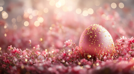 Gold and pink Easter egg decorations surrounded by spring flowers, creating a festive atmosphere with blurred background and space for captions, symbolizing renewal and celebration of Easter

