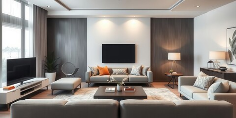 Modern living room design with sleek furniture, neutral color palette, and accent decor, natural light, apartment