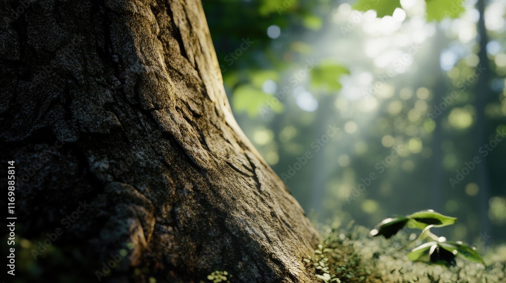 Poster dappled sunlight filtering through the trees in a serene forest landscape.