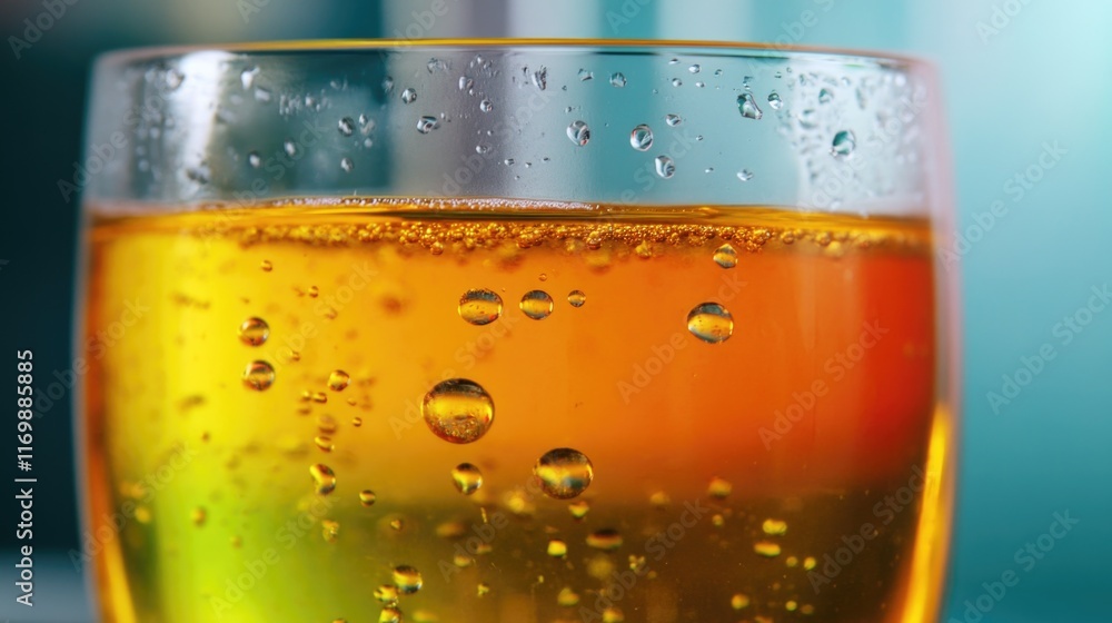 Poster beverage with ice cubes and bubbles floating on top of a cold drink, served in glass. refreshing sum