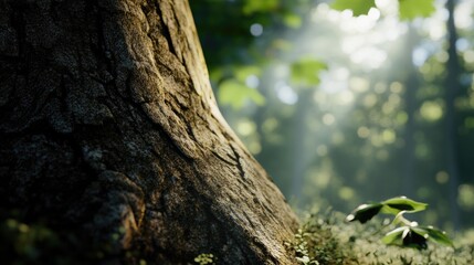 Dappled sunlight filtering through the trees in a serene forest landscape.