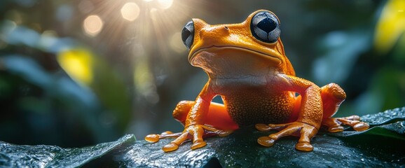 Vibrant Golden Tree Frog in Tropical Rainforest Sunlight